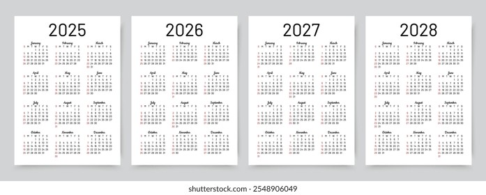 Calendarios anuales de 2025, 2026, 2027 y 2028. Plantillas de calendario. La semana comienza el domingo. Organizador con 12 meses en inglés. Diseño del programador. Planificador simple. Orientación de retrato, A4. Ilustración vectorial