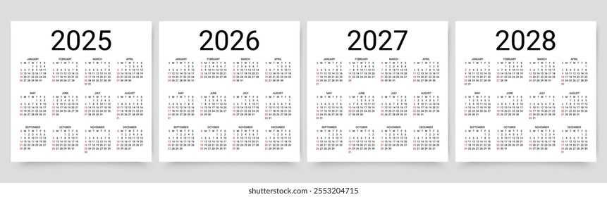 2025, 2026, 2027, 2028. Modelos de calendário. A semana começa domingo. Layout do planejador de mesa. Yearly organizer em inglês. Grade com 12 meses. Ilustração vetorial. Design simples quadrado.