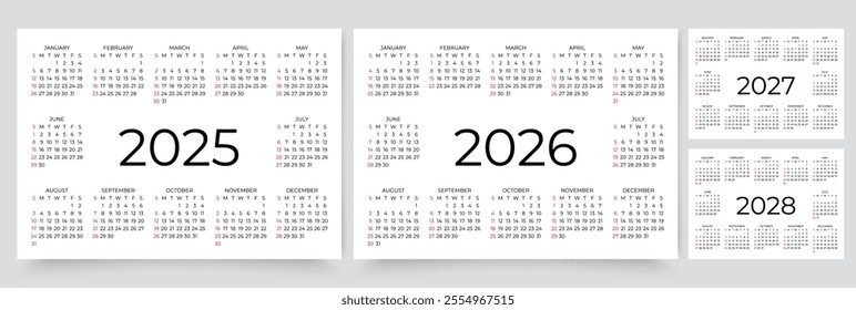 2025, 2026, 2027, 2028 calendars for  year. Calender templates. Week starts Sunday. Desk planer grid. Planner layout with 12 months. Yearly diary in English. Vector illustration. Paper size A4