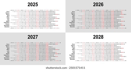 2025 2026 2027 2028 linear calendar, 12 months wall or desk planner with each month in row, vector template, spanish month names