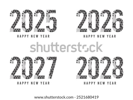 2025 2026 2027 2028 New Year Hand drawn calendar date continuous line. Set of 4 greeting ideas