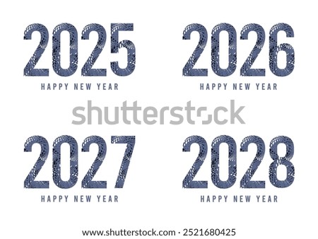 2025 2026 2027 2028 New Year Hand drawn calendar date continuous line. Set of 4 greeting ideas