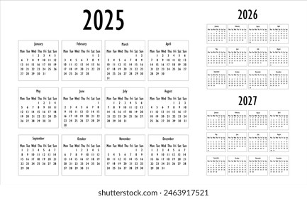 2025, 2026, 2027 Calendar Classic on a white background