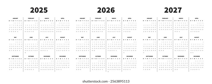 2025 2026 and 2027 Calendar Design 