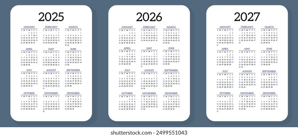 Kalendersätze 2025, 2026 und 2027. Vektor Tasche Kalander Design. Die Woche beginnt am Sonntag. Januar, Februar, März, April, Mai, Juni, Juli, August, September, Oktober, November, Dezember