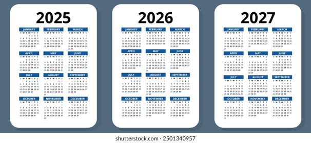 2025, 2026 and 2027 calendar set. Vector pocket calender design. Week starts on Sunday. January, February, March, April, May, June, July, August, September, October, November, December