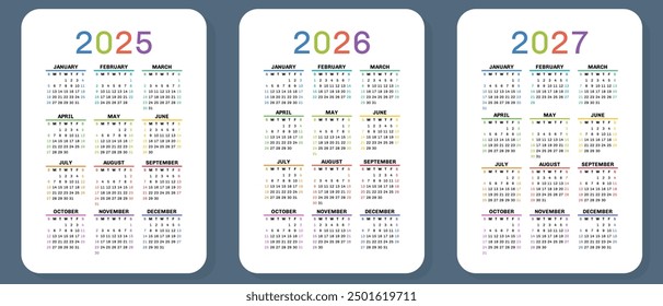 2025, 2026 and 2027 calendar set. Vector pocket calender design. Week starts on Sunday. January, February, March, April, May, June, July, August, September, October, November, December