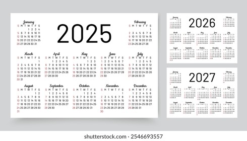 Calendarios de 2025, 2026 y 2027. Plantillas de calendario. Planificador de diseño con 12 meses. La semana comienza el domingo. Tabla de cepillado de escritorio para el año. Diario anual en inglés. Ilustración vectorial. Tamaño de papel A4