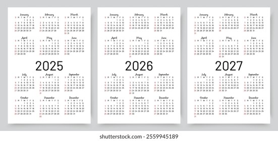 2025, 2026, 2027 calendars. Calender template. Yearly organizer with 12 month. Week starts Sunday. Scheduler layout in English. Simple planner. Vector illustration. Portrait orientation. Paper size A4