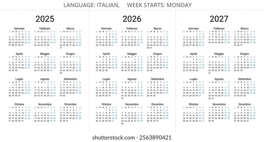 2025, 2026, 2027 italian calendars (calendario italiano). Simple editable vector illustration year set for Italy