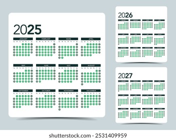 2025 2026 2027 Diseño moderno del Vector del organizador de la cuadrícula del calendario inglés con espacio de copia en la parte superior