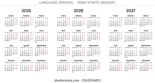 2025, 2026, 2027 spanish annual year calendars. Simple vector illustration set for Spain - Espanol Calendario