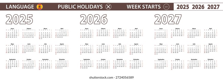 2025, 2026, 2027 calendário vetorial de ano em espanhol, semana começa no domingo. Calendário vetorial.