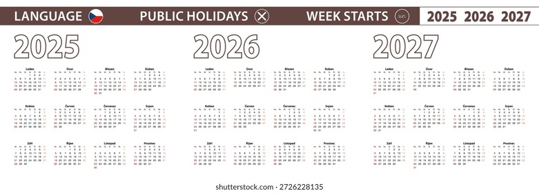 Calendario de Vector anual 2025, 2026 y 2027 en checo, la semana comienza el domingo. Calendario de Vector.