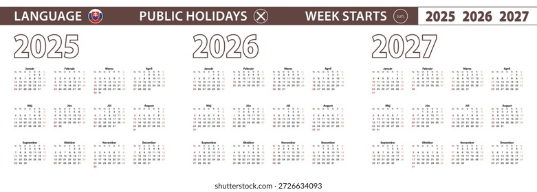 2025, 2026, 2027 Jahr Vektor Kalender in slowakischer Sprache, Woche beginnt am Sonntag. Vektorkalender.