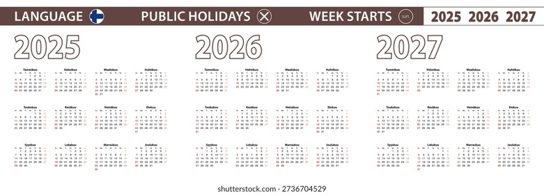 2025, 2026, 2027 year vector calendar in Finnish language, week starts on Sunday. Vector calendar.
