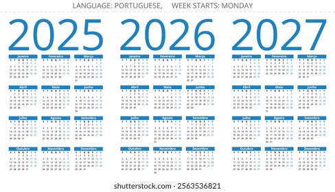 2025, 2026, 2027 years annual portuguese calendars. Vector illustration set for Portugal