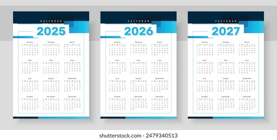 2025, 2026, 2027 years calendar. The week starts on Sunday. Simple calender layout. Yearly diary. Desk planner template with 12 months. Organizer in English. Pocket or wall formats.
