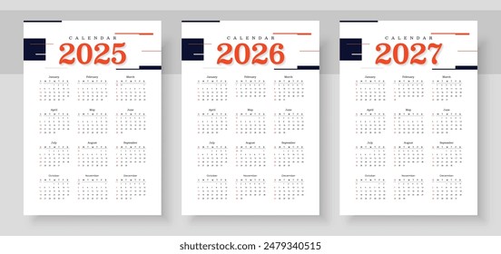 2025, 2026, 2027 years calendar. The week starts on Sunday. Simple calender layout. Yearly diary. Desk planner template with 12 months. Organizer in English. Pocket or wall formats.