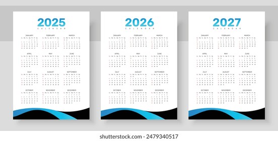 Kalender 2025, 2026, 2027. Die Woche beginnt am Sonntag. Einfaches Kalanderlayout. Jährliches Tagebuch. Desk Planner Vorlage mit 12 Monaten. Veranstalter auf Englisch. Taschen- oder Wandformate.