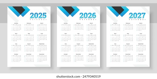 Calendario 2025, 2026, 2027 años. La semana comienza el domingo. Diseño de calendario sencillo. Diario anual. Plantilla de planificador de escritorio con 12 meses. Organizador en inglés. Formatos de bolsillo o pared.