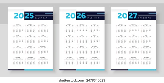 2025, 2026, 2027 years calendar. The week starts on Sunday. Simple calender layout. Yearly diary. Desk planner template with 12 months. Organizer in English. Pocket or wall formats.