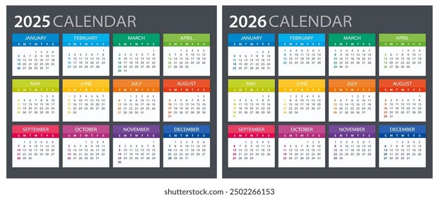 2025, 2026 Calendar - illustration. Template. Mock up Week starts Sunday