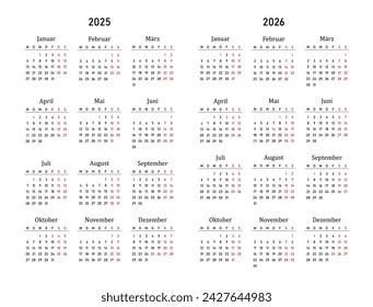 2025, 2026 calendar minimalist on german language with german holidays. Week start on monday. Vector illustration