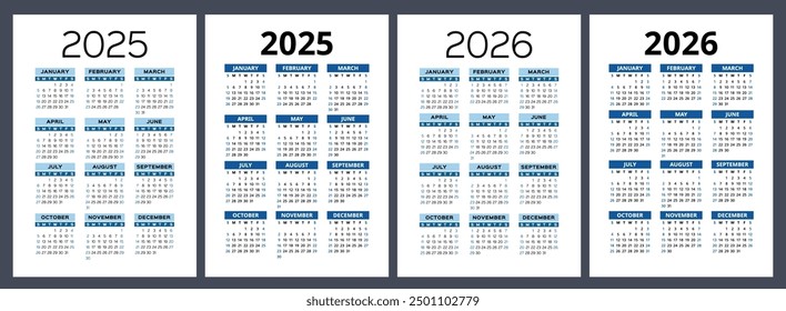 2025 and 2026 calendar set. Vector pocket calender design. Week starts on Sunday. January, February, March, April, May, June, July, August, September, October, November, December