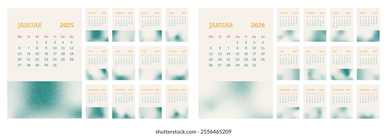 2025 2026 calendar vector design template, simple and clean design. Calendar in German. The week starts on Monday. Elements with stipple texture.