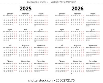 2025 and 2026 dutch calendars. Vector illustration for Dutch. 12 months year kalender