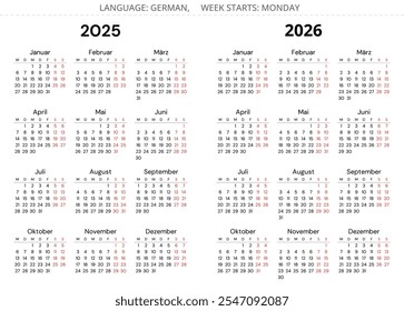 calendários alemães de 2025 e 2026. Conjuntos de ilustração vetorial para impressão para Alemanha - kalender 