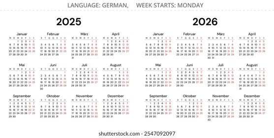 calendários alemães de 2025 e 2026. Conjuntos de ilustração vetorial para impressão para Alemanha - kalender 