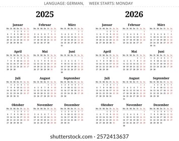 2025, 2026 german calendars. Printable vector illustration set for Germany - kalender 