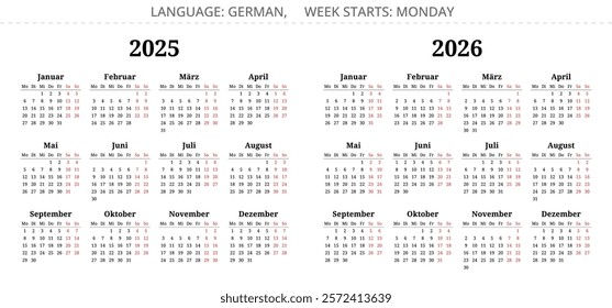 2025, 2026 german calendars. Printable vector illustration set for Germany - kalender 