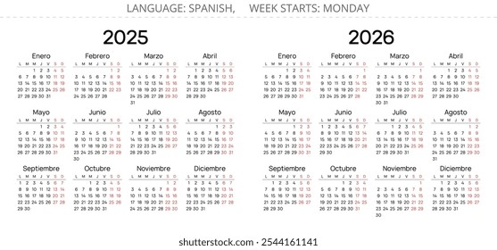 2025 and 2026 horizontal spanish year calendars. Simple vector illustration set for Spain - Espanol Calendario