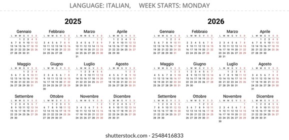 2025 and 2026 italian calendars (calendario italiano). Simple editable vector illustration year set for Italy