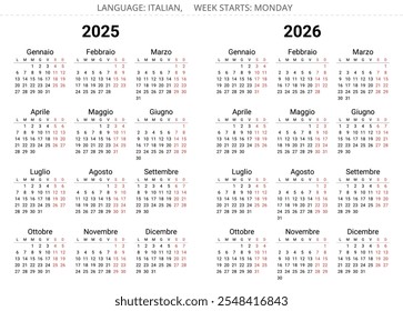 2025 and 2026 italian calendars (calendario italiano). Simple editable vector illustration year set for Italy