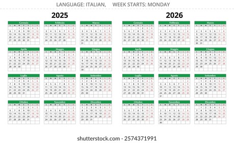 2025 and 2026 italian calendars (calendario italiano). Vector illustration year set for Italy