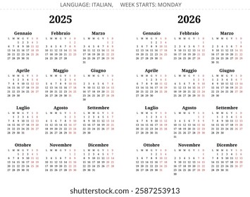 2025 and 2026 italian calendars - calendario italiano. Simple editable vector illustration year for Italy