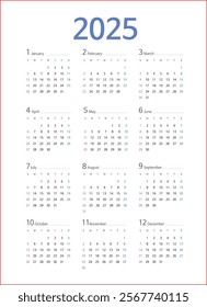 2025, 2026 monthly calendar vector