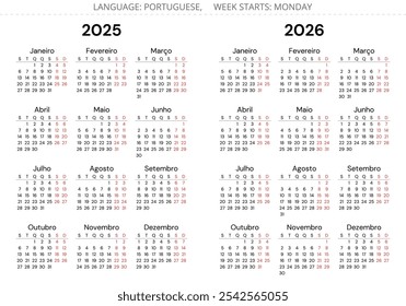 calendários do ano português de 2025 e 2026. Ilustração vetorial definida para Portugal