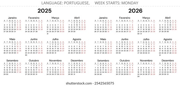 2025 and 2026 portuguese year calendars. Vector illustration set for Portugal