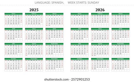 2025 and 2026 spanish calendars. Vector illustration for Spain. Week starts sunday