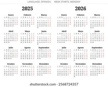 2025 and 2026 spanish year calendars. Vector illustration set for Spain - Espanol Calendario