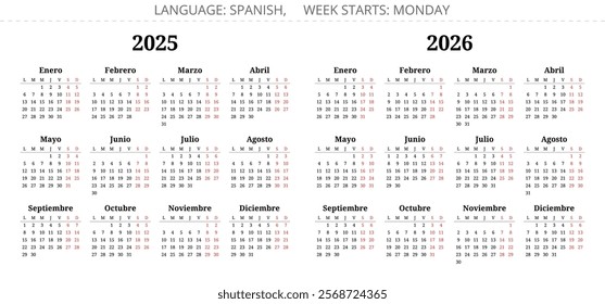 2025 and 2026 spanish year calendars. Vector illustration set for Spain - Espanol Calendario