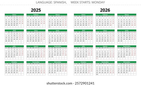 2025, 2026 spanish year calendars. Vector illustration for Spain - Espanol Calendario