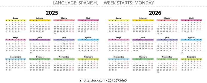 2025, 2026 spanish year color calendars. Vector illustration for Spain - Espanol Calendario