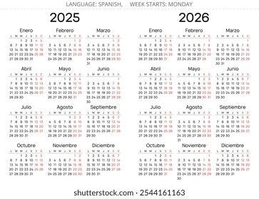 calendários verticais do ano espanhol de 2025 e 2026. Simples conjunto de ilustração vetorial para Espanha - Calendário de Espanol