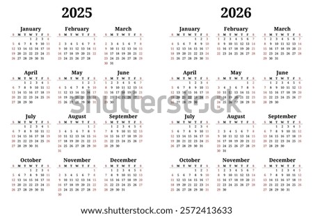 2025 and 2026 year english vector calendars with 12 months 